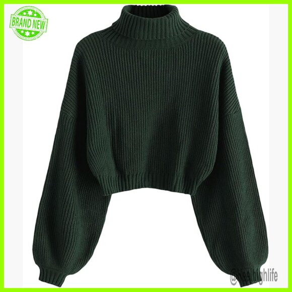 Sweaters - Cropped Turtleneck Sweater Lantern Sleeve Ribbed Knit Pullover